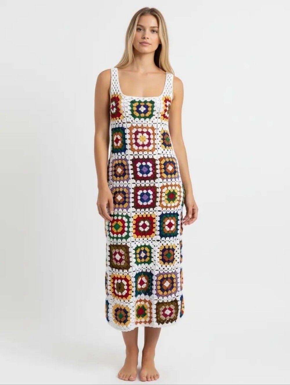 Hand Knit Crochet Colorful Granny Square Sheath Sleeveless Boho Maxi Dress M